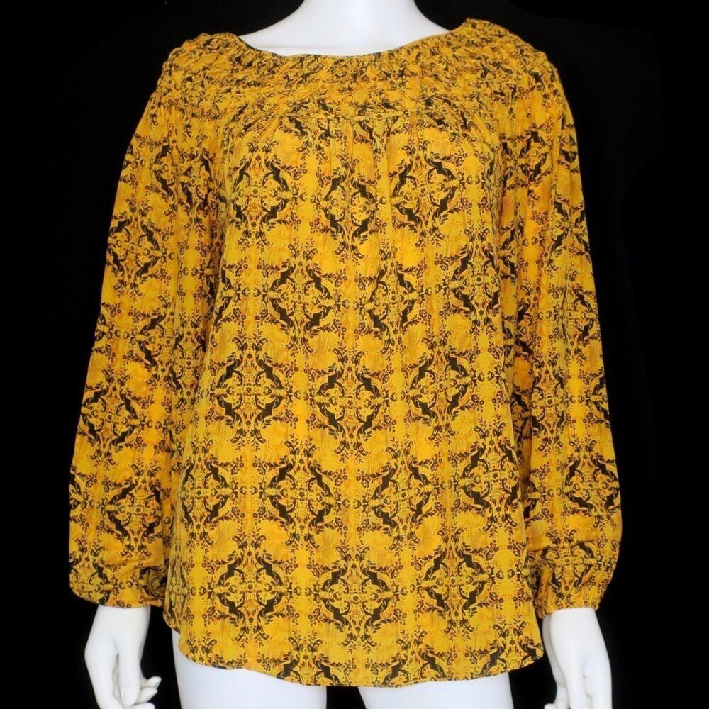 Sundance Silk Top Golden Yellow Black Print Smocked Neck Peasant Blouse Medium